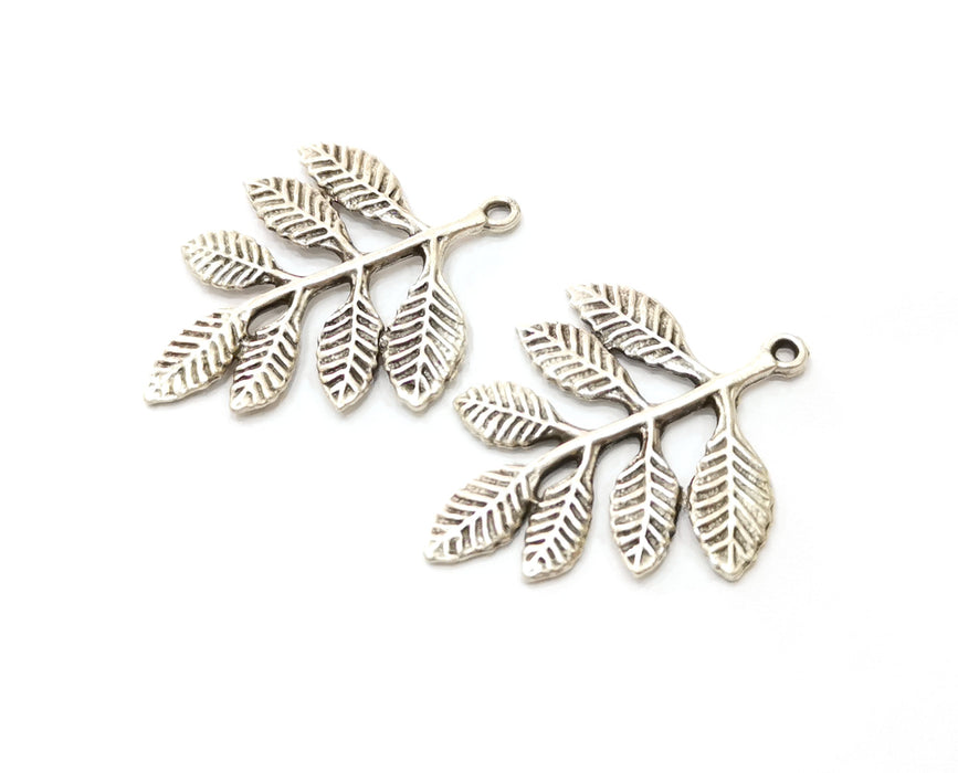 4 Silver Leaf Branch Charms Antique Silver Plated Charms (35x28mm) G19086