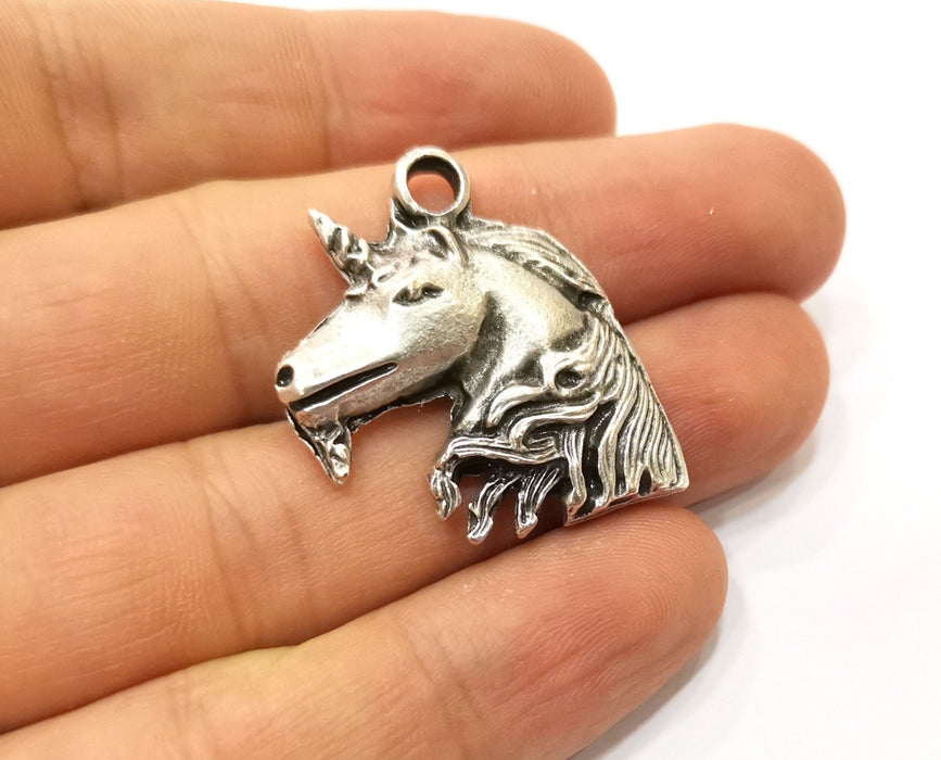 2 Silver Unicorn Pendant Antique Silver Plated Pendant (33x29mm)  G19097