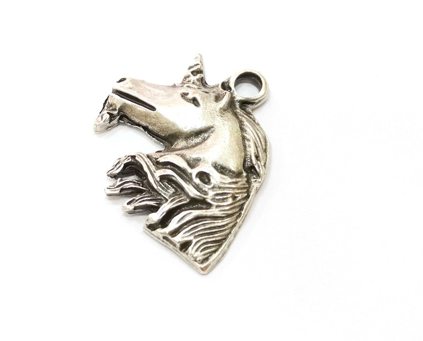 2 Silver Unicorn Pendant Antique Silver Plated Pendant (33x29mm)  G19097