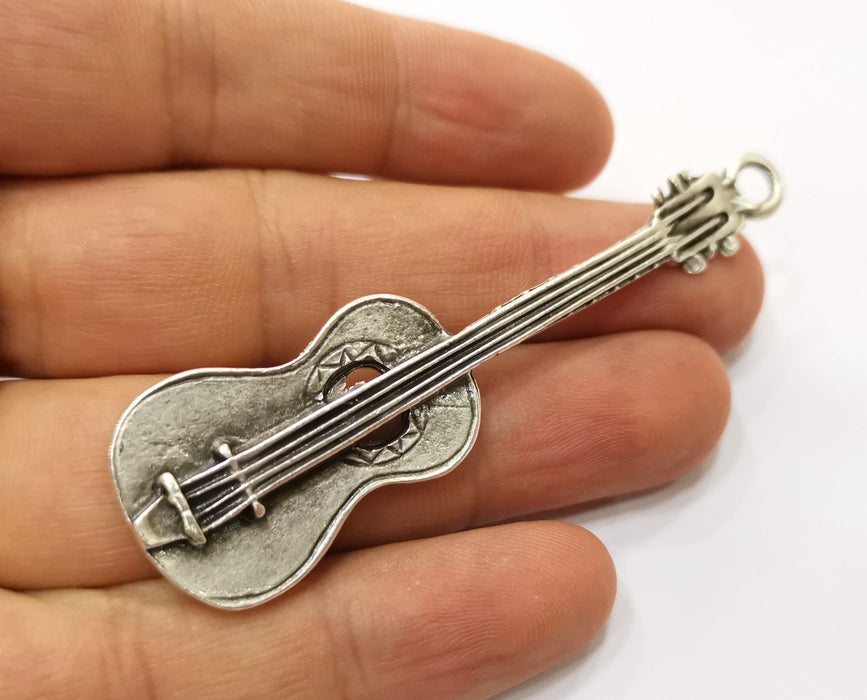 Silver Guitar Pendant Antique Silver Plated Pendant (78x21mm)  G19099