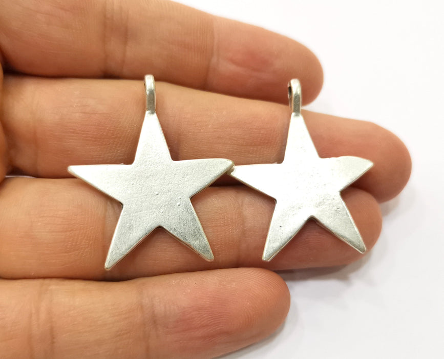 2 Silver Star Pendant Antique Silver Plated Pendant (35x29mm) G19100