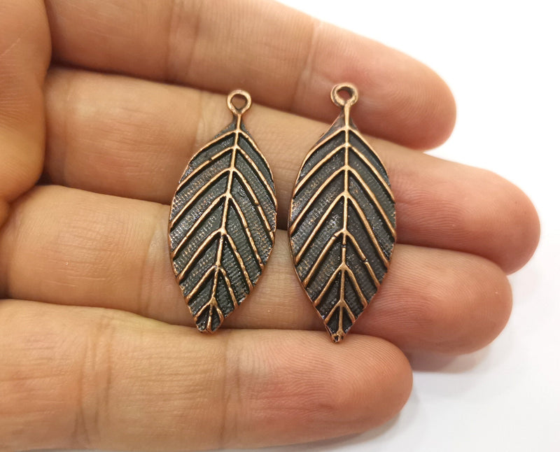 2 Copper Leaf Charms Antique Copper Plated Charms (41x16mm) G18495