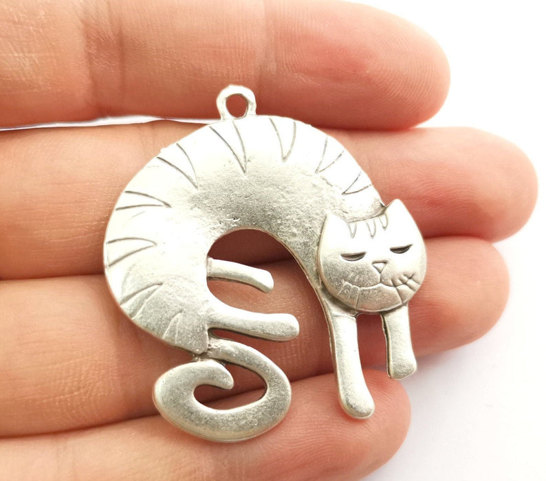 2 Cat Charms Antique Silver Plated Charms (45x42mm)  G18318
