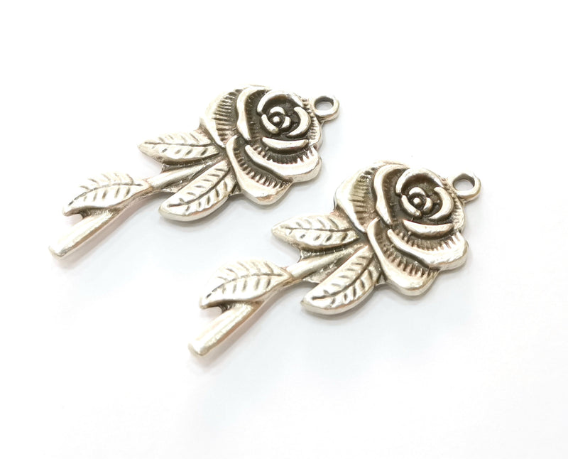 2 Silver Rose Charms Antique Silver Plated Charms (42x18mm) G19134