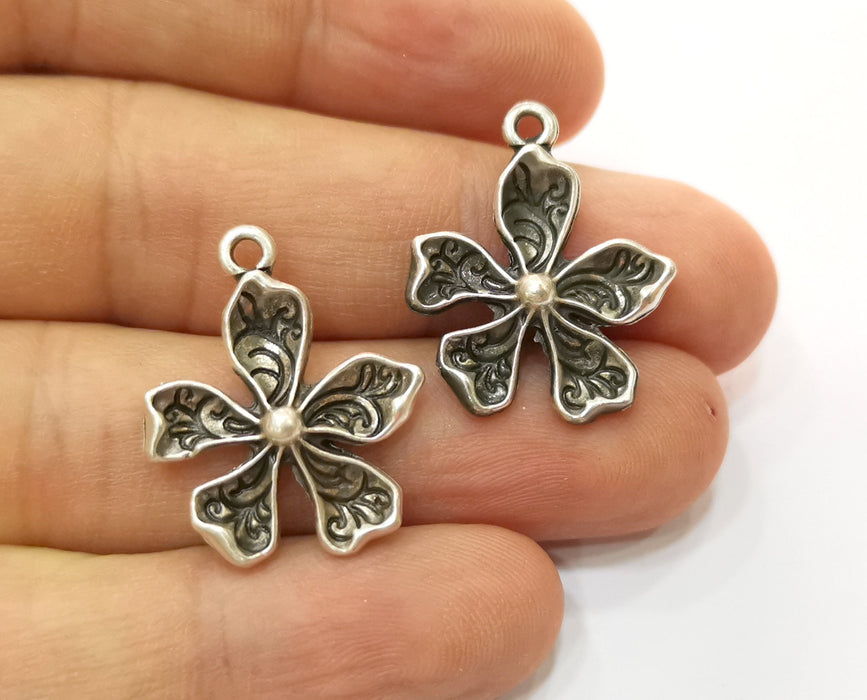 5 Silver Flower Charms Antique Silver Plated Charms (26x21mm) G19139