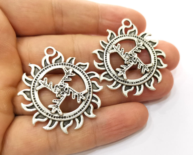 2 Sun Charms Antique Silver Plated Charms (41x36mm)  G19140