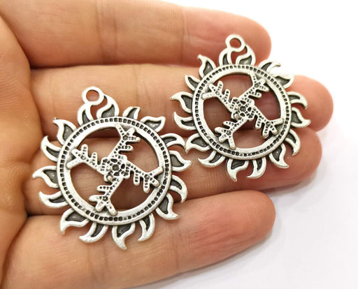 2 Sun Charms Antique Silver Plated Charms (41x36mm)  G19140