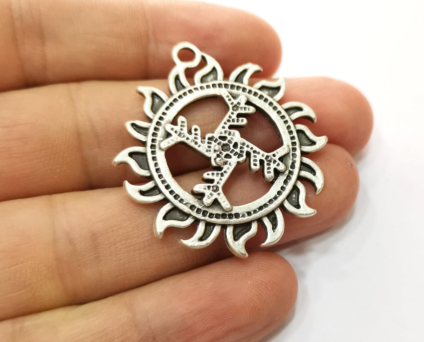 2 Sun Charms Antique Silver Plated Charms (41x36mm)  G19140