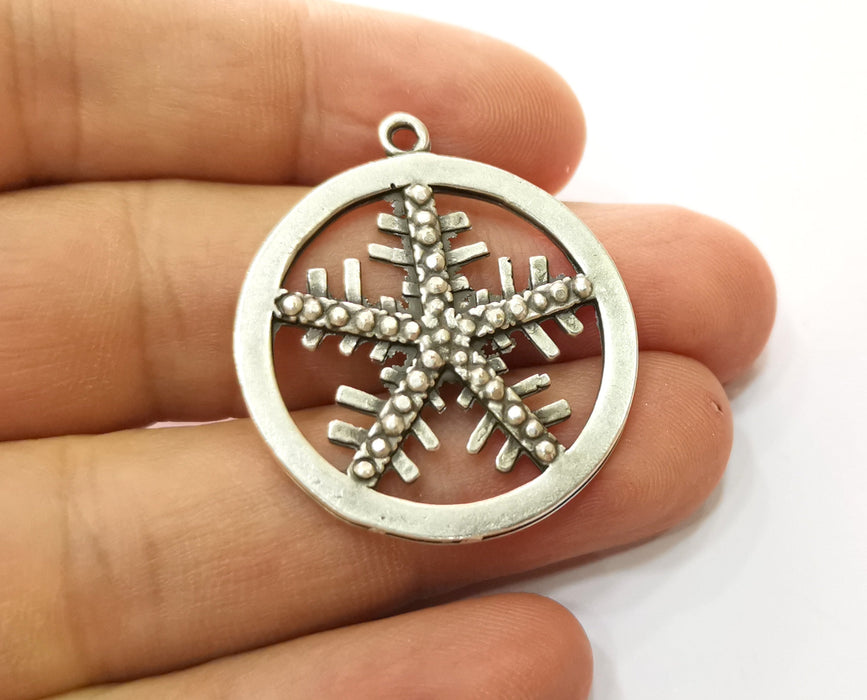 2 Snow Flake Charms Antique Silver Plated Charms (36x32mm)  G19142