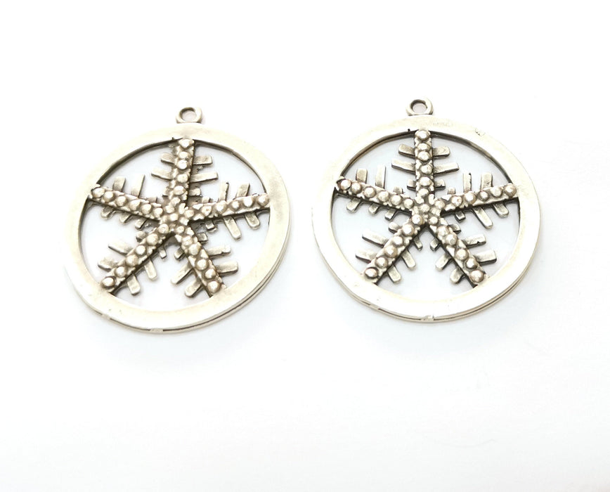 2 Snow Flake Charms Antique Silver Plated Charms (36x32mm)  G19142