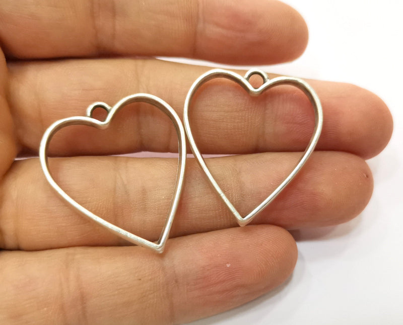 2 Heart Bezel Charms Antique Silver Plated Charms (33x29mm) G19146