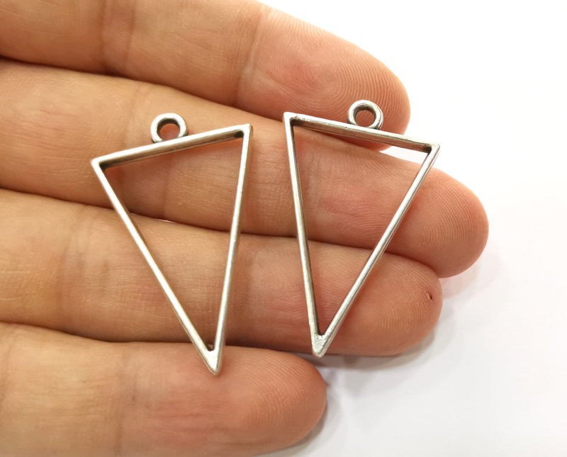 2 Triangle Bezel Charms Antique Silver Plated Charms (38x24mm) G19148