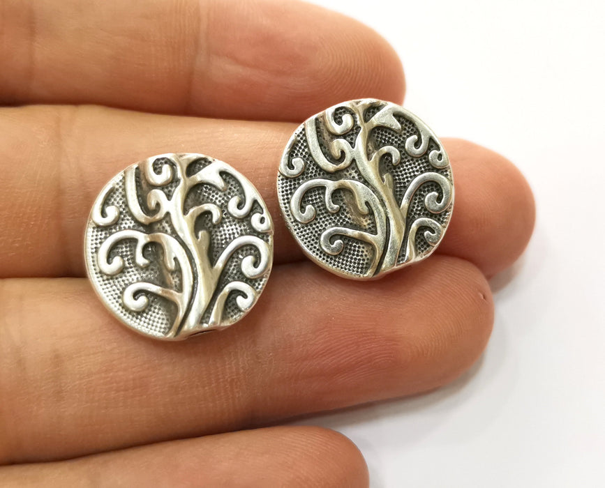 2 Silver Branch Beads ( Double Sided ) Antique Silver Plated Charms (20mm) G19149