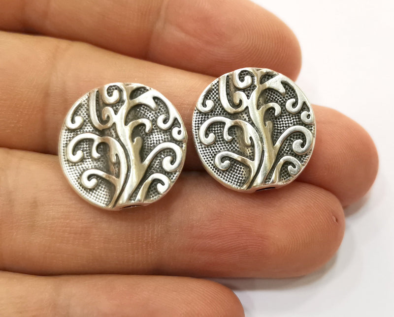 2 Silver Branch Beads ( Double Sided ) Antique Silver Plated Charms (20mm) G19149