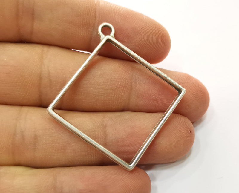 2 Square Bezel Charms Antique Silver Plated Charms (47x43mm) G19153