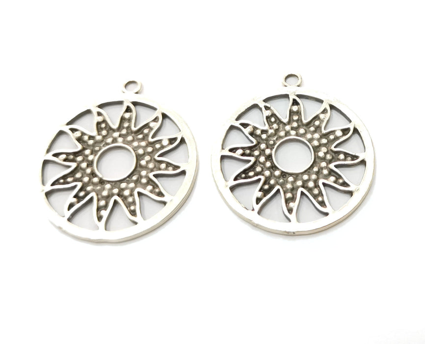 2 Silver Sun Charms Antique Silver Plated Charms (36x32mm)  G19158