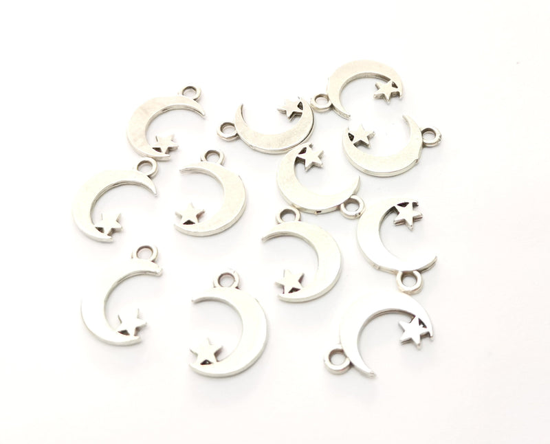 20 Silver Crescent Star Charms Antique Silver Plated Charms (17x11mm)  G19162