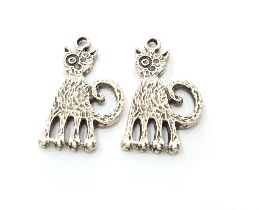 2 Cat Charm Antique Silver Plated Charms (32x18mm)  G19177