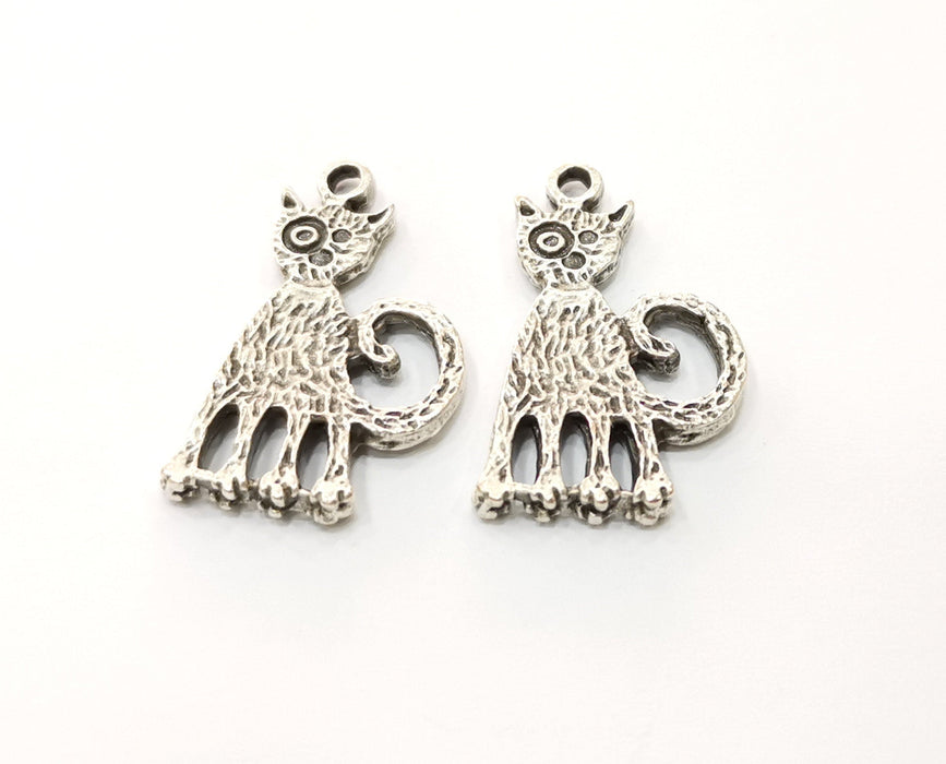 2 Cat Charm Antique Silver Plated Charms (32x18mm)  G19177