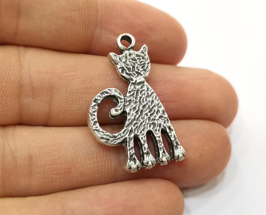 2 Cat Charm Antique Silver Plated Charms (32x18mm)  G19177