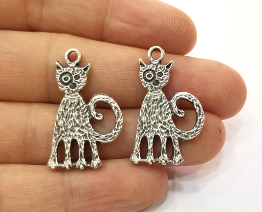 2 Cat Charm Antique Silver Plated Charms (32x18mm)  G19177