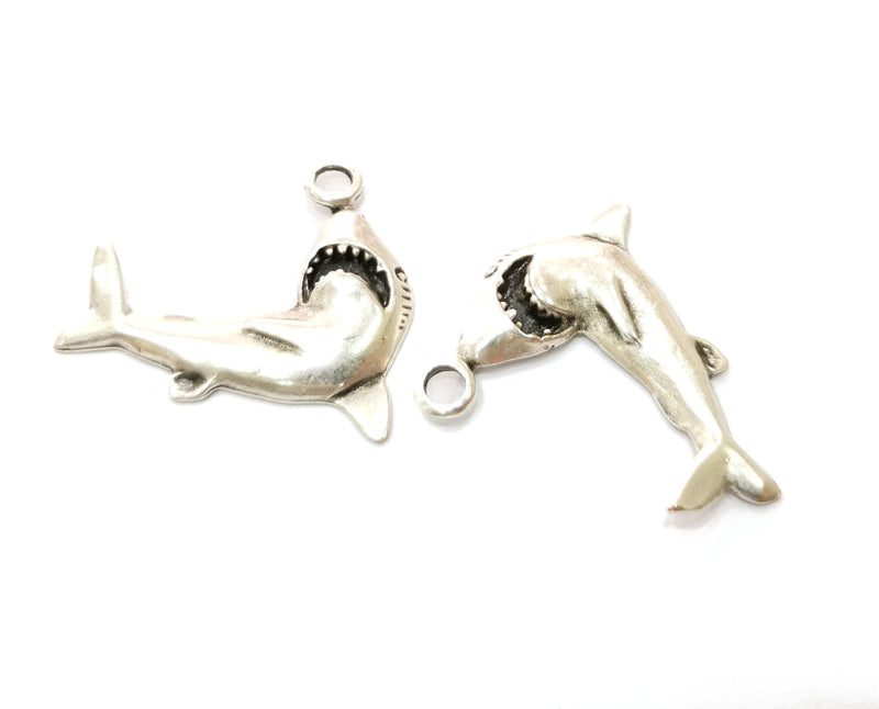 2 Shark Charm Antique Silver Plated Charms (29x35mm)  G19178