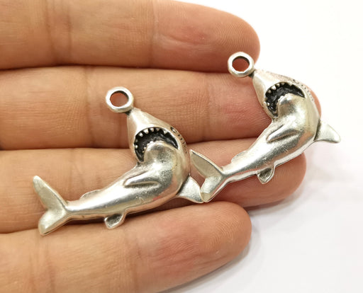 2 Shark Charm Antique Silver Plated Charms (29x35mm)  G19178