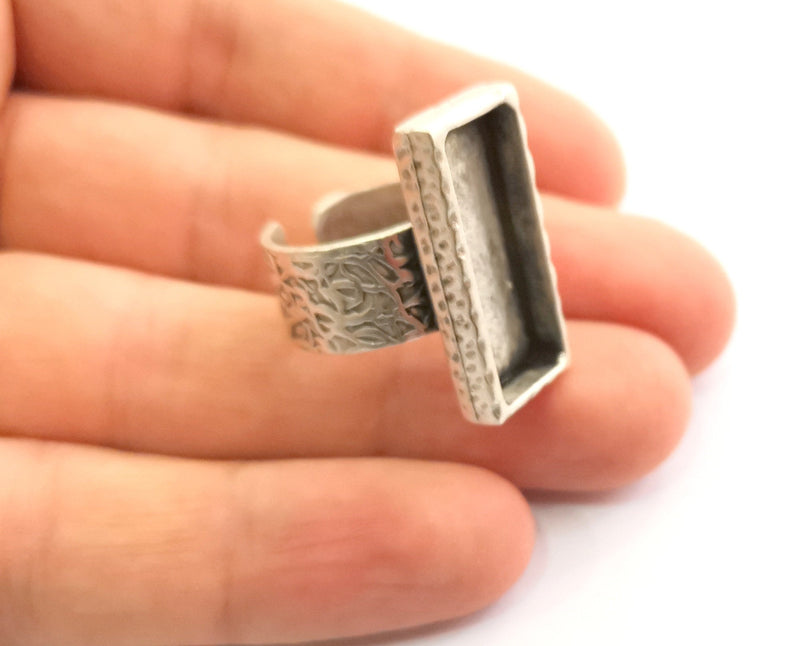 Silver Ring Blank Setting Cabochon Base inlay Ring Backs Mounting Adjustable Ring Base Bezel (25x10mm) Antique Silver Plated G18600