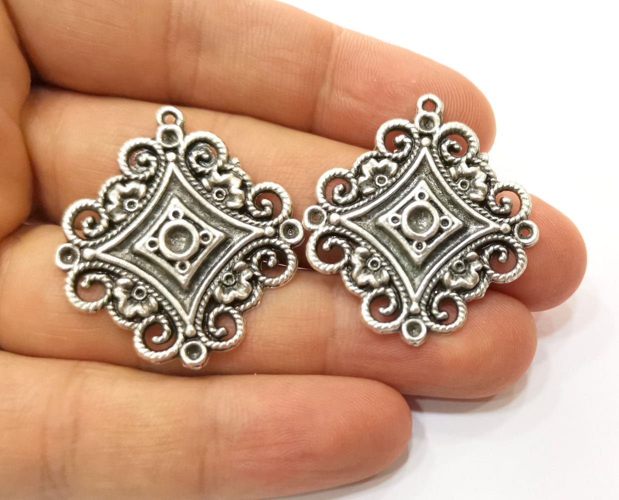 2 Filigree Charms Antique Silver Plated Charm (36x33mm) G19206