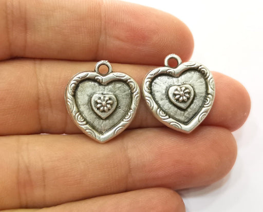 5 Heart Flower Charms Antique Silver Plated Charms (20x18mm)  G18653