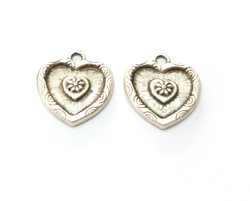 5 Heart Flower Charms Antique Silver Plated Charms (20x18mm)  G18653