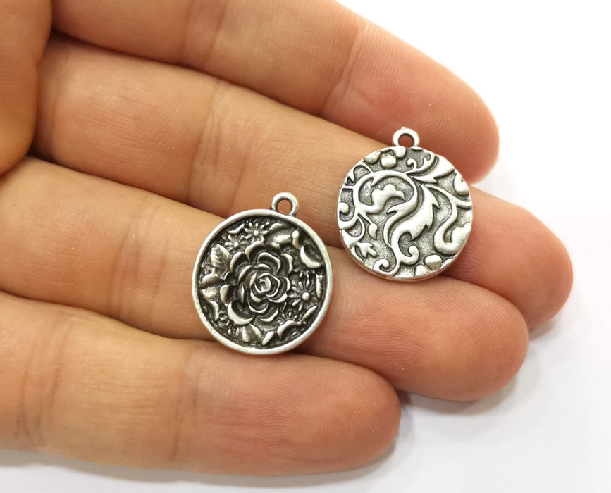 180 Flower Charms Antique Silver Plated Charms (21x18mm)  G18656