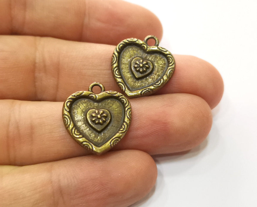 6 Heart Flower Charms Antique Bronze Plated Charms (20x18mm)  G19265