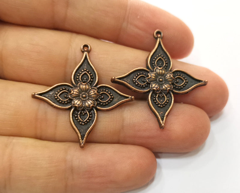 4 Copper Flower Charms Antique Copper Plated Charms (34x32mm)  G18680