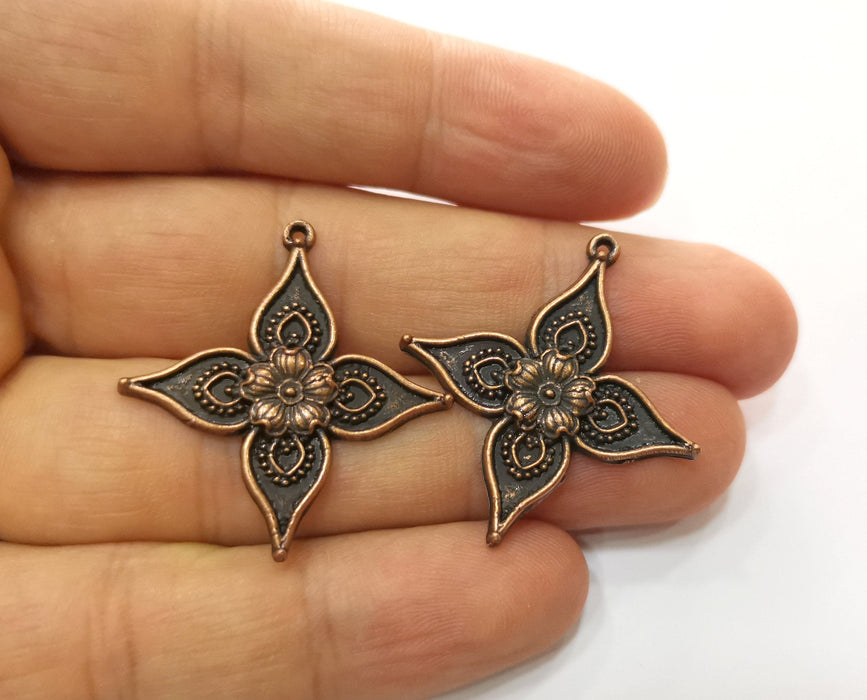 4 Copper Flower Charms Antique Copper Plated Charms (34x32mm)  G18680