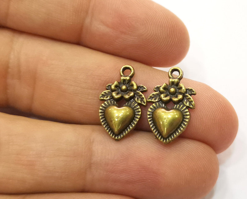10 Heart Flower Charms Antique Bronze Plated Charms (18x11mm) G19283