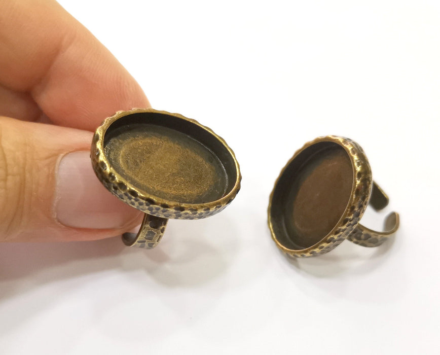 Ring Blank Setting Hammered Ring Base Bezel inlay Ring Backs Glass Cabochon Mounting Adjustable Antique Bronze Plated Ring (25x18mm ) G19316