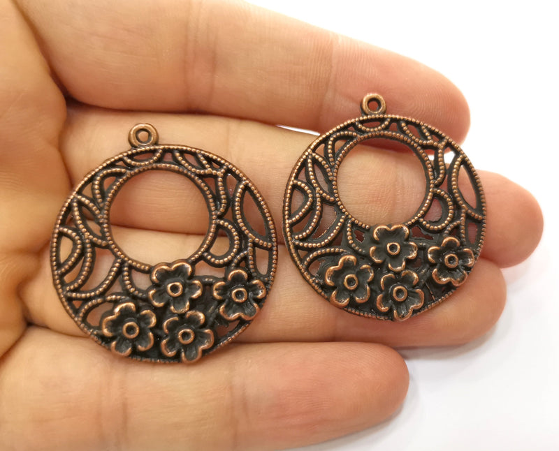 2 Flower Charms Antique Copper Plated Charms (38x34mm)  G18749