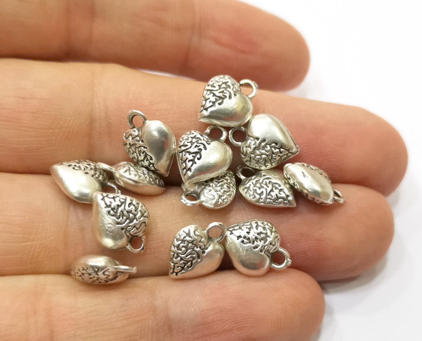 10 Heart Charms Antique Silver Plated Charms (12x9mm)  G19370