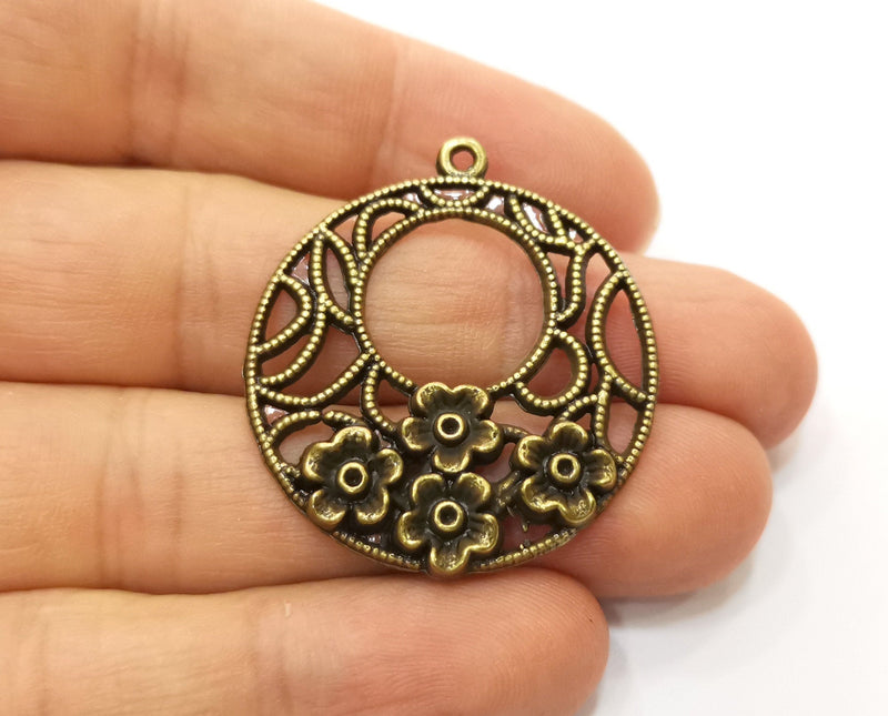2 Flower Charms Antique Bronze Plated Charms (38x34mm)  G18803