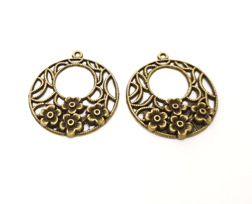 2 Flower Charms Antique Bronze Plated Charms (38x34mm)  G18803
