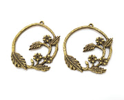 2 Antique Bronze Flower and Leaf Charms Antique Bronze Plated Charms (38x34mm)  G18814