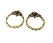 2 Flower Hammered Circle Charms Antique Bronze Plated Charms (41x36mm)  G18850