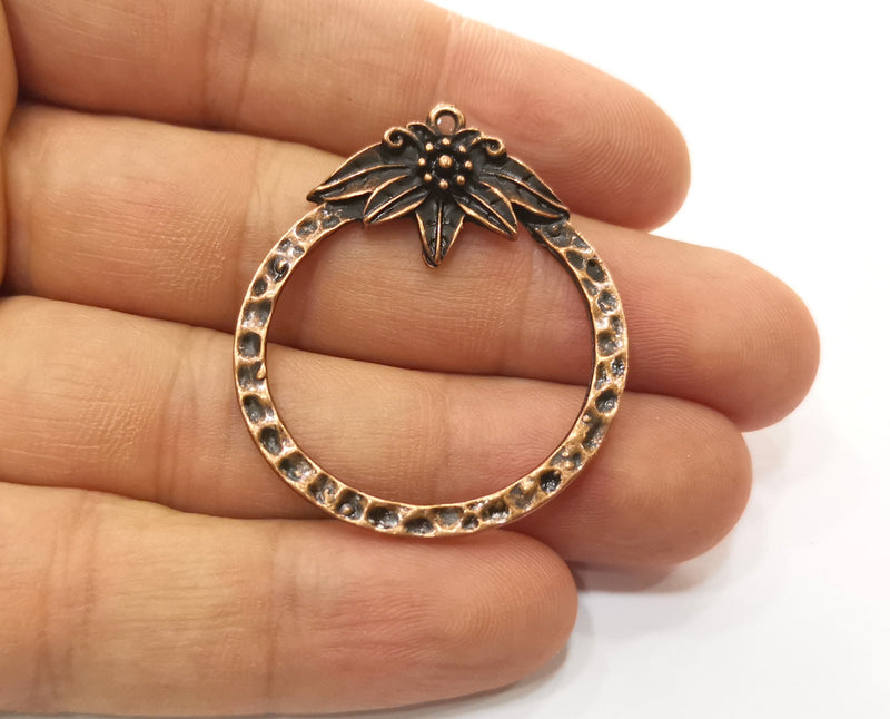 2 Flower Hammered Circle Charms Antique Copper Plated Charms (41x36mm)  G18881