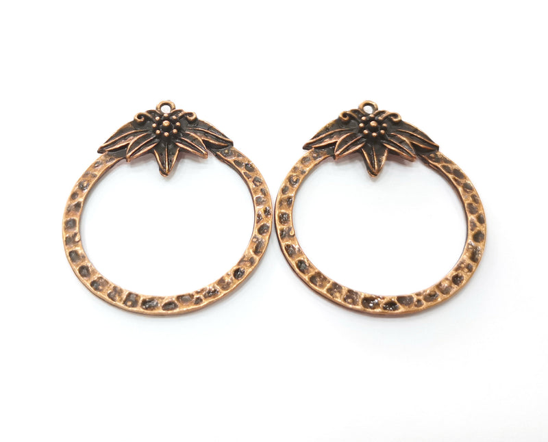 2 Flower Hammered Circle Charms Antique Copper Plated Charms (41x36mm)  G18881