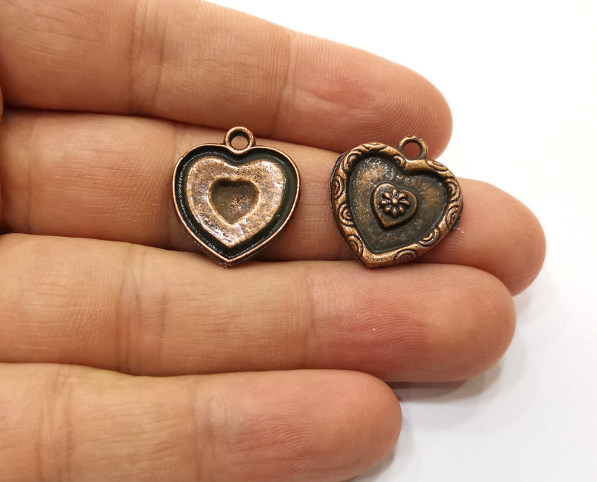 6 Heart Flower Charms Antique Copper Plated Charms (20x18mm)  G18906