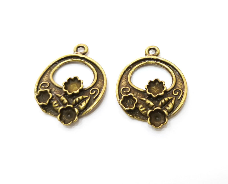 2 Antique Bronze Flower and Leaf Charms Antique Bronze Plated Charms (35x27mm)  G18924