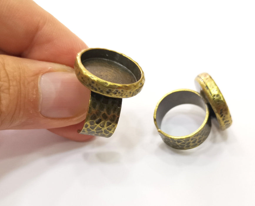 Hammered Ring Blank Setting Cabochon Base inlay Ring Backs Mounting Adjustable Ring Bezel (18mm blank) Antique Bronze Plated G18933