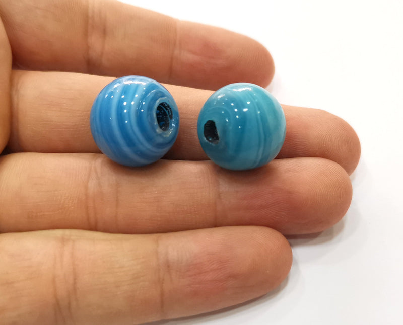 2 Round Blue Glass Beads 18 mm (5.5mm beads inner size) G19030