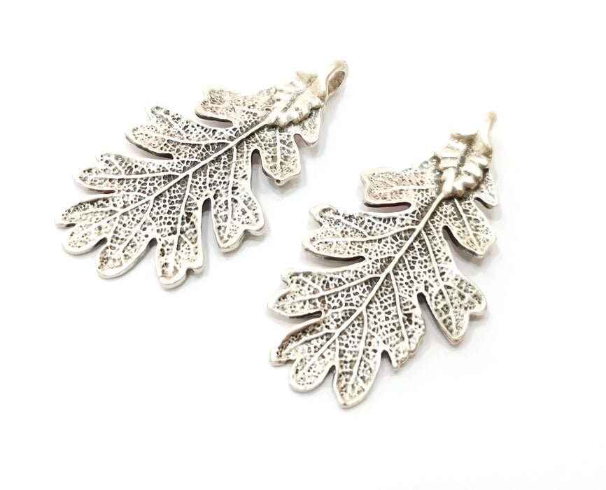 2 Silver Leaf Charms Double sided Antique Silver Plated Charms (47x26mm) G19075